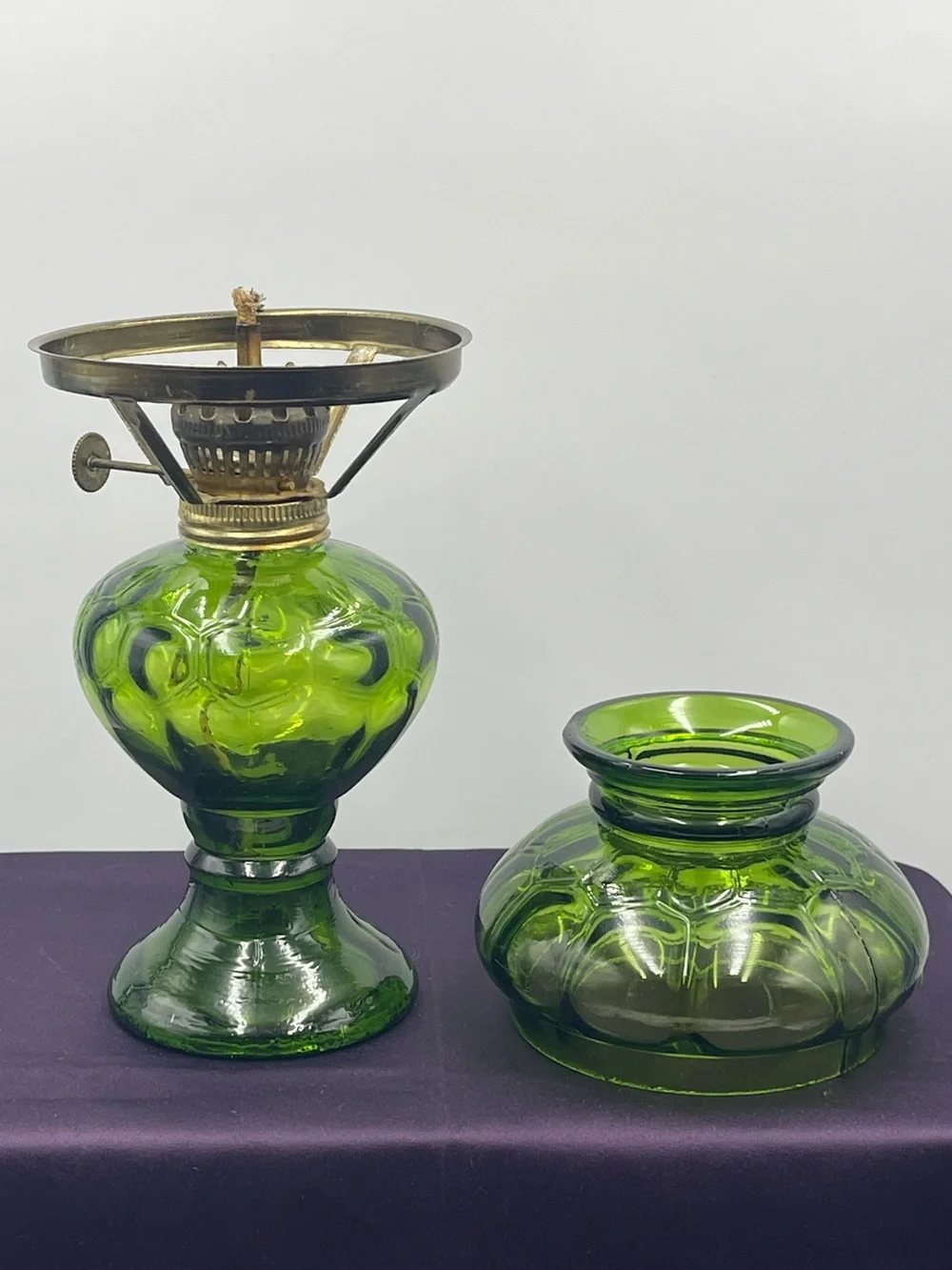 Vintage Emerald Green Pressed Glass Hurricane Oil Lamp w/Brass Metal Wick Collar